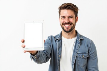 A business man holding a tablet with a blank white screen, representing technology, communication, and modern professionalism.