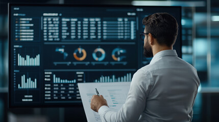 Data analyst reviewing corporate growth report on digital screen