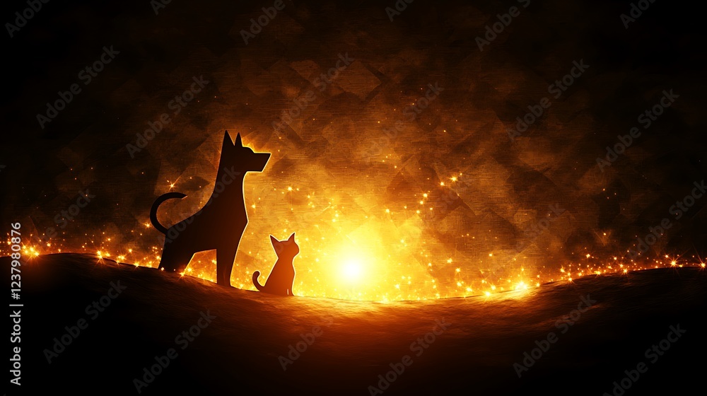 Wall mural Modern Abstract Art Depiction of Dog and Cat Silhouettes at Sunset