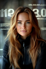 Fototapeta premium A woman with long brown hair is smiling at the camera. She is wearing a black jacket and a black shirt