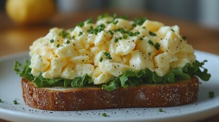Egg salad sandwich on wheat bread with lettuce, chives and black pepper