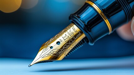 Golden fountain pen nib writing on blue paper