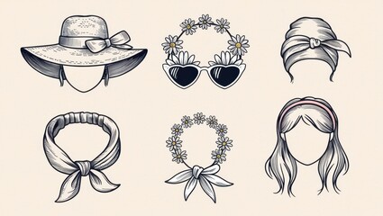 Six Stylish Hand Drawn Headwear Hair Accessory Designs Hats Headbands Scarves Flower Crowns