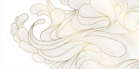 Fototapeta premium Vector gold white asian pattern, wave line sea, japanese style abstract water illustration. Luxury oriental poster, river banner