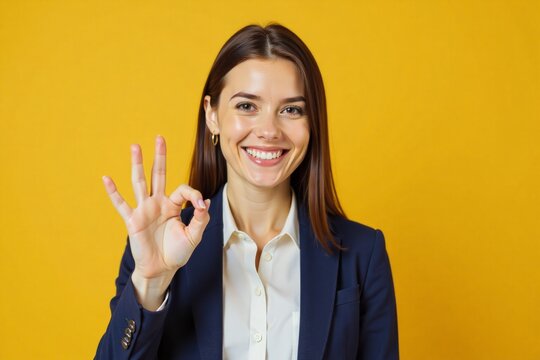 A confident business woman making an "OK" gesture with both hands, symbolizing approval, agreement, and positivity in a professional setting.