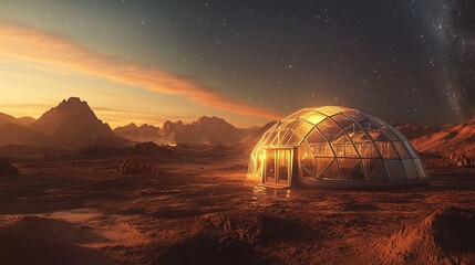 A glowing greenhouse offers a beacon of life and hope on the barren Martian landscape under a starry night