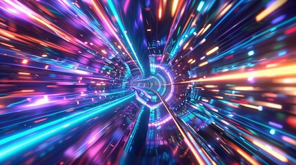 Fototapeta premium Futuristic hyper jump 3D spaceflight illustration with radiant cosmic energy and vibrant nebula trails
