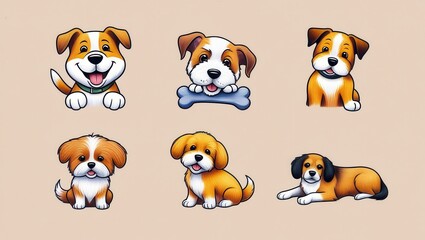 Obraz premium Adorable Cartoon Dogs Six Cute Puppy Illustrations Perfect for Pet Lovers and Kids Products