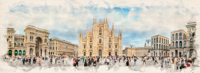 The Milan Cathedral or Duomo di Milano in Milan, Italy in watercolor illustration style