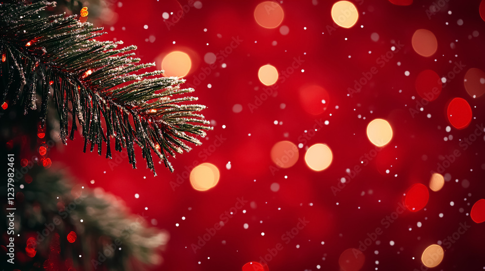 Poster a festive christmas background featuring a tree with sparkling bokeh lights on a red canvas, providi