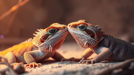 A pair of bearded dragons nuzzling each other, affectionate moment, warm tones, soft minimalistic backdrop.   Affectionate bearded dragons nuzzling, warm and tender moment.