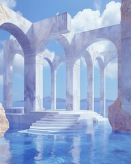 Serene Marble Architecture Overlooking Tranquil Blue Waters