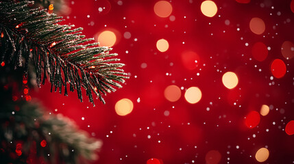 A festive Christmas background featuring a tree with sparkling bokeh lights on a red canvas, providing space for text.