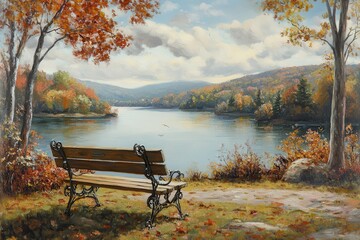 Obraz premium Serene Autumn Landscape with a Bench by Calm Lake and Mountains