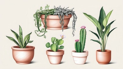 Obraz premium Colorful Potted Plants Collection Snake Plant Cactus Hanging Vines and More