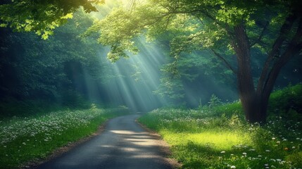 Fototapeta premium Serene Forest Path with Sunlight Filtering Through Leaves