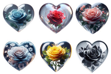 Set of a clear crystal apple with different color rose on transparent background. Generative ai