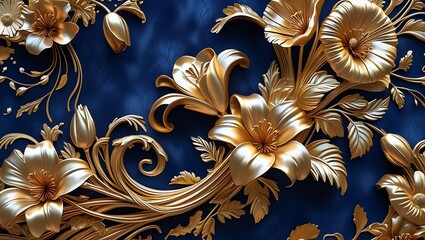 Ornate golden flowers and swirls decorative 3d art elegant luxury floral pattern with embossed details