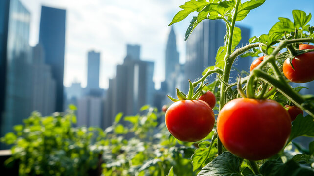 Urban Rooftop Garden with Ripe Red Tomatoes Against City Skyline. The Concept of Urban Farming and Sustainable Agriculture - Powered by Adobe