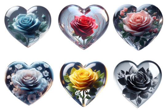 Set of a clear crystal apple with different color rose on transparent background. Generative ai