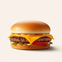 Juicy cheeseburger with melted cheese, tomato, pickles, and sauce on a sesame seed bun.