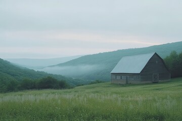 Obraz premium Serene Landscape with Barn and Misty Mountains at Dawn