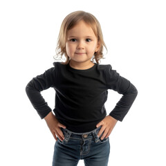 Fototapeta premium young child with confident pose, wearing black long sleeve shirt and blue jeans, smiles at camera. background is transparent, emphasizing child expression