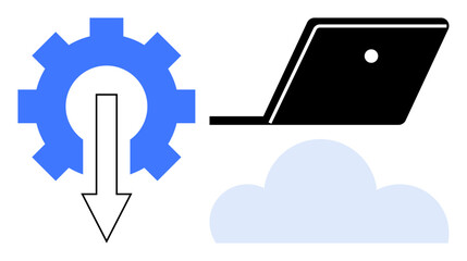 Gear with downward arrow near laptop and cloud. Ideal for data storage, cloud services, backup solutions, technology workflow, productivity, digital workflow efficiency. Blue white black. Abstract