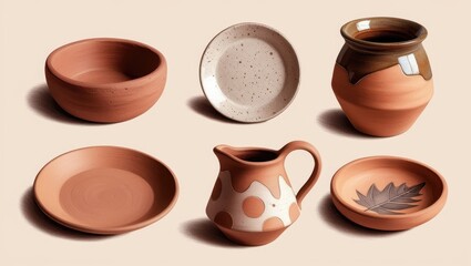 Rustic Terracotta Pottery Collection Bowls Plates Jug and Decorated Vessel