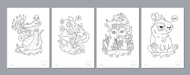 Doodle coloring page for children and adults. Black and white vector characters. Vector doodle illustration