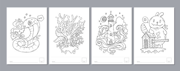 Doodle coloring page for children and adults. Black and white vector characters. Vector doodle illustration