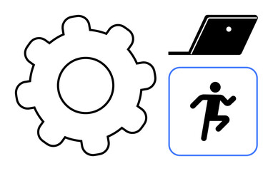 Large gear symbol, small laptop, and running figure within square. Ideal for productivity, technology, efficiency, movement, innovation progress business. Black and white abstract line flat
