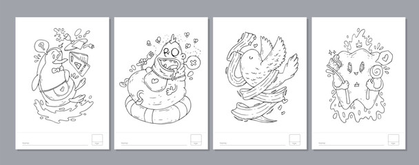 Doodle coloring page for children and adults. Black and white vector characters. Vector doodle illustration