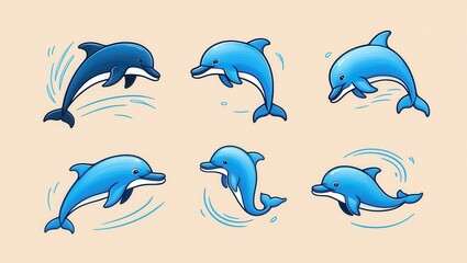 Obraz premium Six Adorable Cartoon Dolphins Jumping and Swimming in Ocean Water