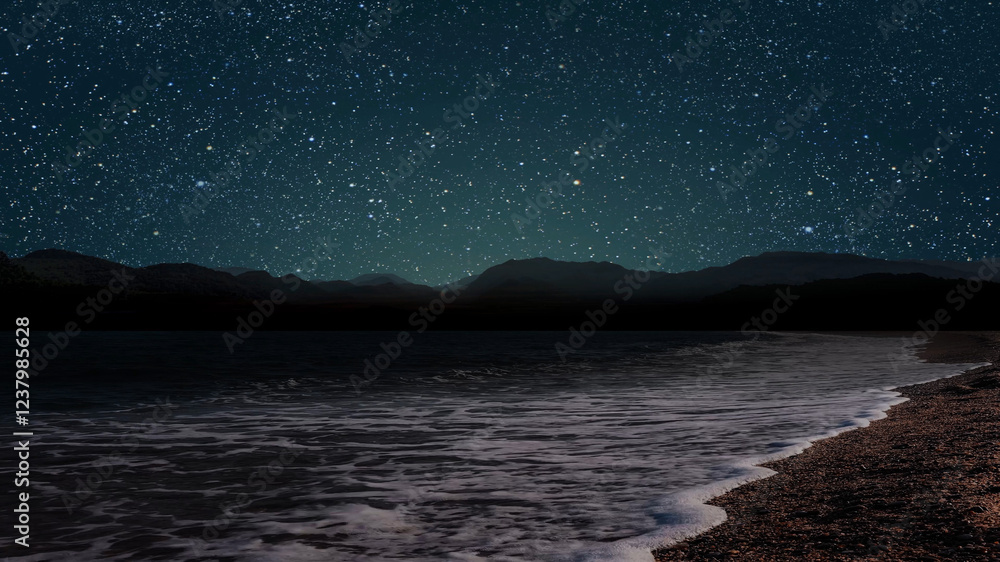 Wall mural a movement of stars in the night sky with the view of mountains..