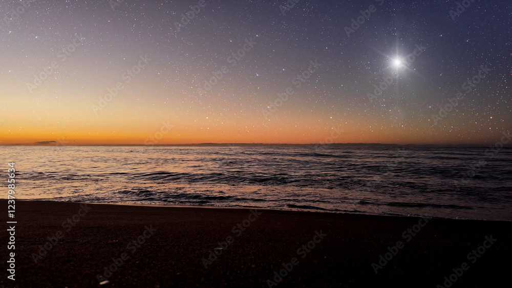 Wall mural a movement of stars in the night sky with the view of mountains..