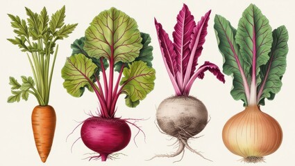 Vibrant Vintage Botanical Illustration of Carrots Beets and Onions