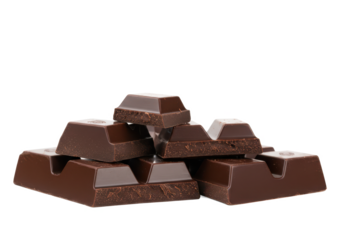 Dark chocolate blocks and bieces isolated on white background, front view, no depth of field, sharp