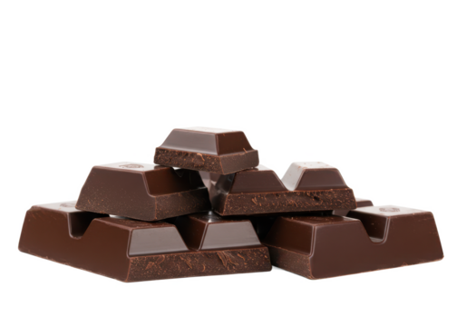 Dark chocolate blocks and bieces isolated on white background, front view, no depth of field, sharp