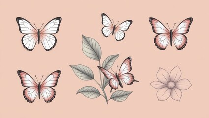 Elegant Pink and White Butterflies with Leaves and Flower Botanical Illustration