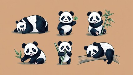 Adorable Panda Bear Collection Six Cute Pandas with Bamboo Illustration