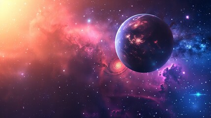 Fototapeta premium Immersive surreal cosmic landscape with vibrant abstract planets, shimmering nebula clouds, and a dramatic star-filled galaxy