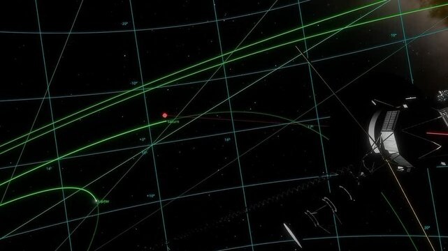 Grapic of one of the Voyager Probe heading to gas giants in the soalar system, with telemetry.