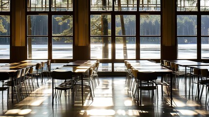 Modern minimalist office with empty desks and chairs, large windows, and ample copy space, symbolizing workspace demand and professional environment.