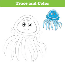 Handwriting Practice. Tracing lines and coloring jellyfish for children. Vector Illustration