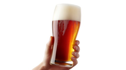 Hand holding pint of beer with transparent background