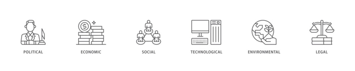 Pestel icon set flow process which consists of governance, finance, network, automation, ecology, law statement icon live stroke and easy to edit .