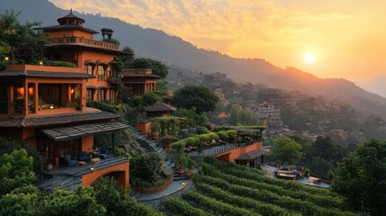 Fototapeta premium Luxury hill resort overlooking a breathtaking sunset landscape