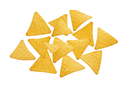 Flying mexican nachos chips isolated on white background, front view, no depth of field, sharp