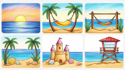Obraz premium Colorful Beach Scene Illustrations Sunset Hammock Sandcastle Lifeguard Tower Drawings